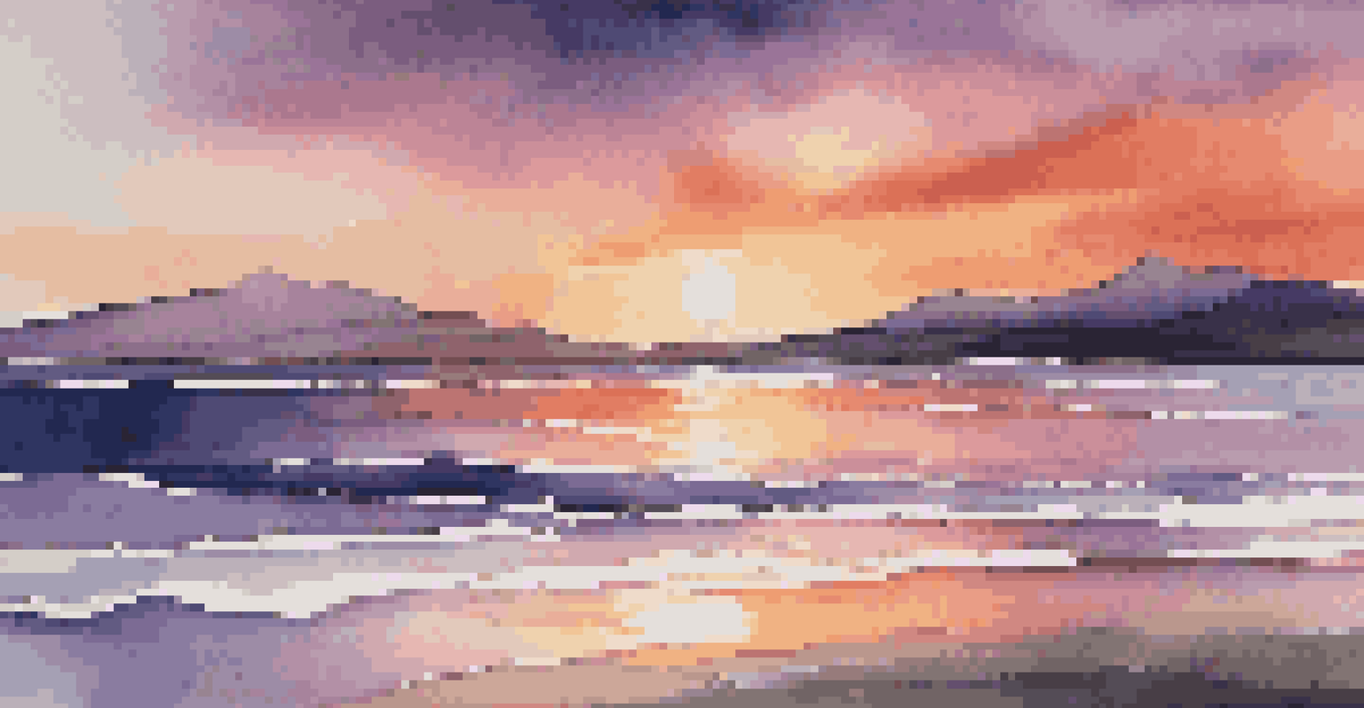 A colorful sunset over a calm ocean with silhouetted mountains in the background.