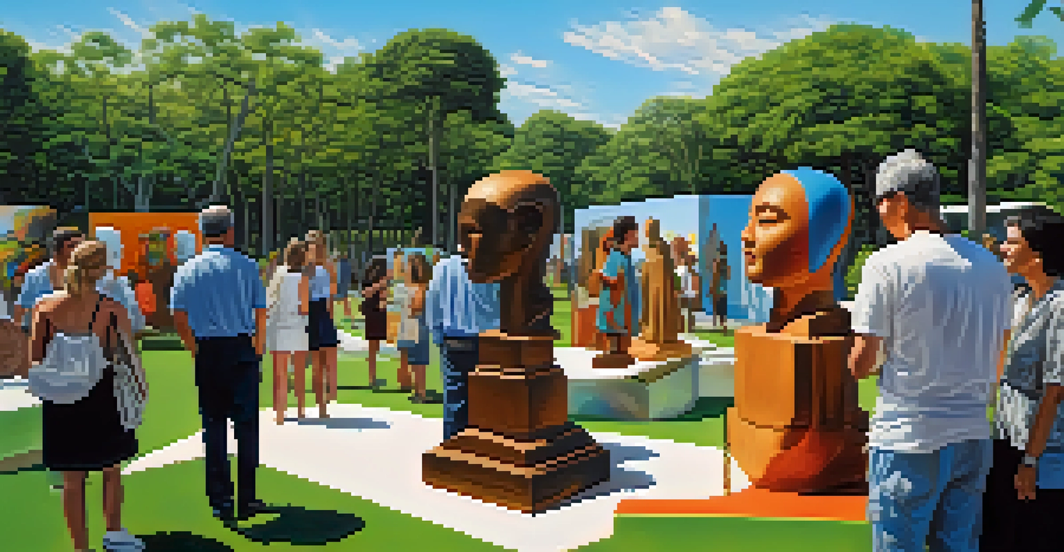 An outdoor exhibition with various cultural sculptures, surrounded by greenery and visitors admiring the art.