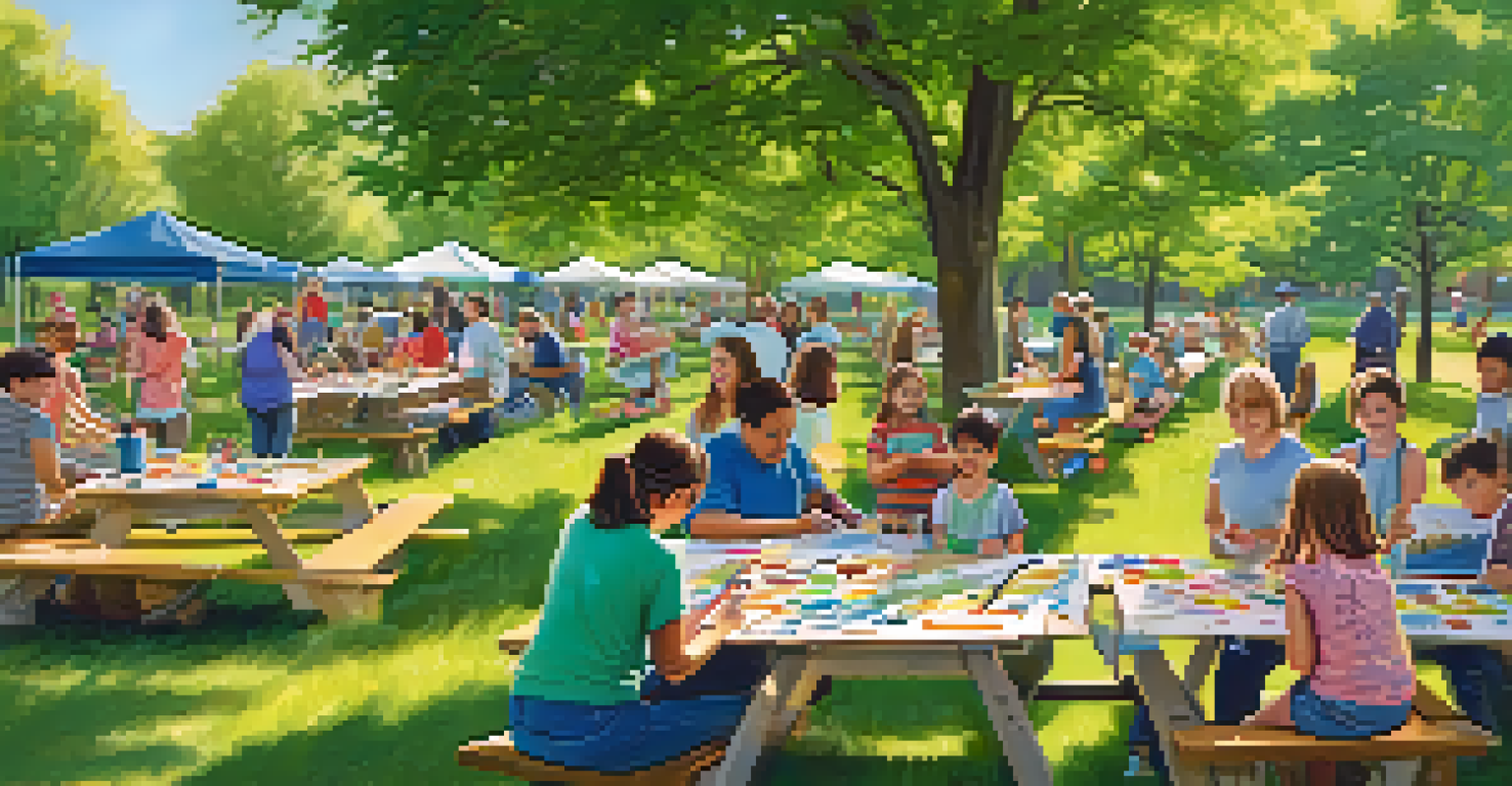 Families participating in a community art workshop in a sunny park, creating art together at picnic tables.