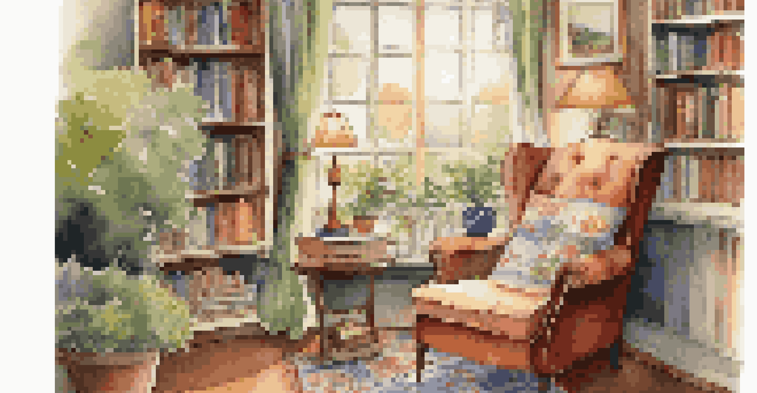 A cozy reading nook with an armchair, shelves of books, a cup of tea, and a garden view, creating a warm atmosphere.
