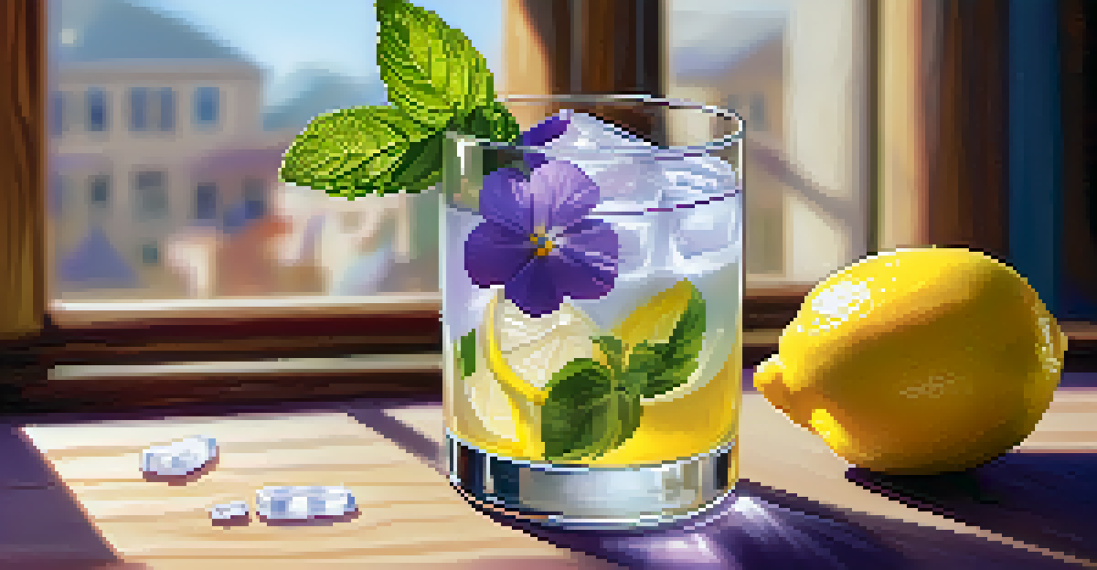 A glass of lavender-infused lemonade with ice cubes containing edible flowers, garnished with a slice of lemon and mint on a wooden table.