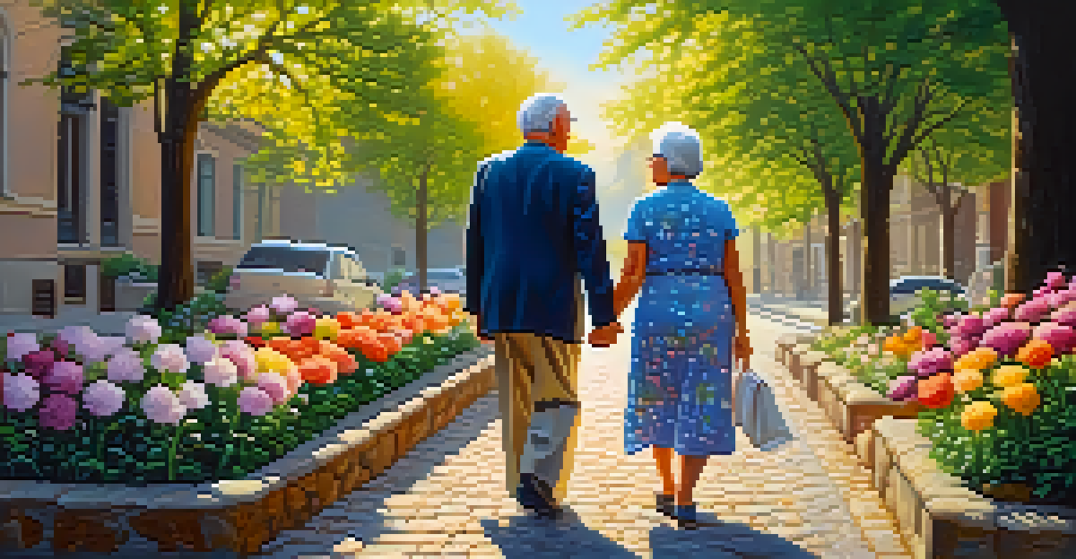 An elderly couple holding hands while walking on a flower-adorned cobblestone street.
