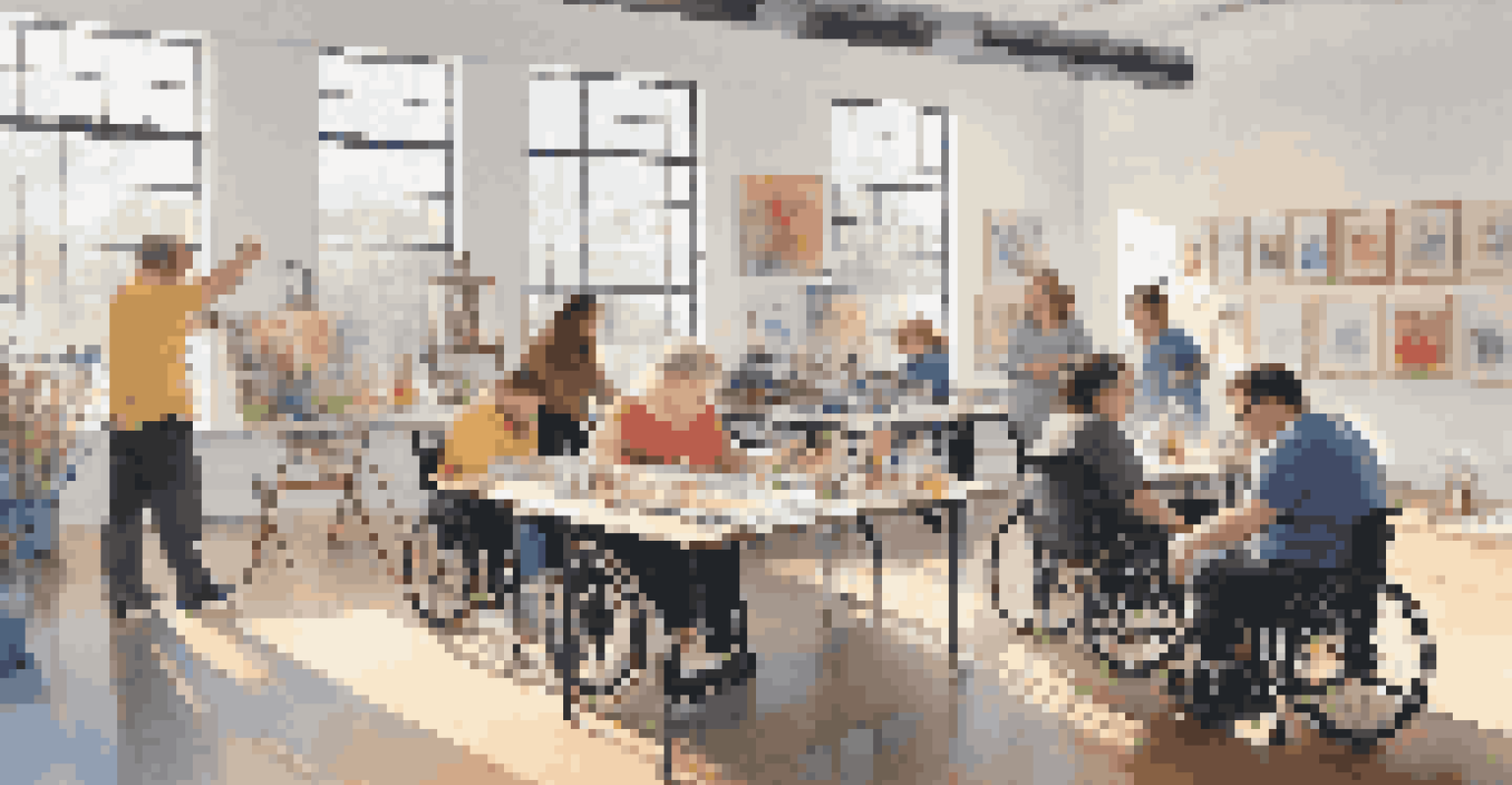 Artists with disabilities working together in an accessible studio filled with art supplies, engaging in creative activities under natural light.