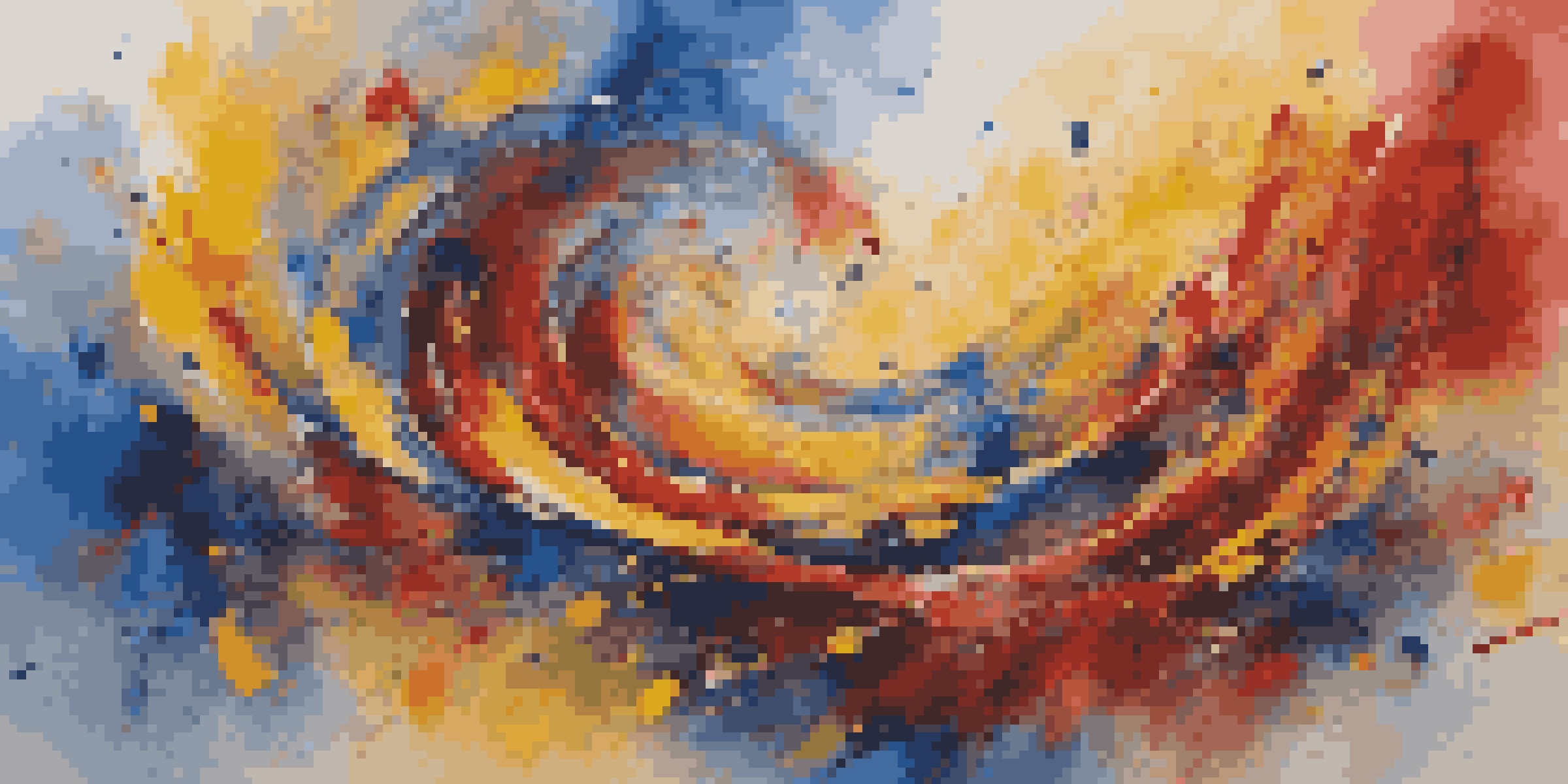 An abstract painting with swirling colors of blue, yellow, and red, representing the energy of jazz music.