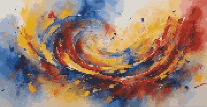 An abstract painting with swirling colors of blue, yellow, and red, representing the energy of jazz music.