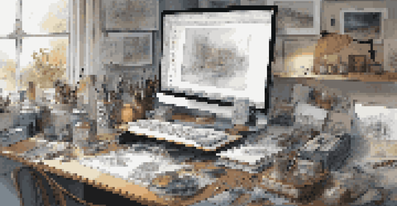 A close-up of a digital artist's workspace with a monitor showing AI-generated artwork, surrounded by creative tools and sketches, illuminated by natural light.