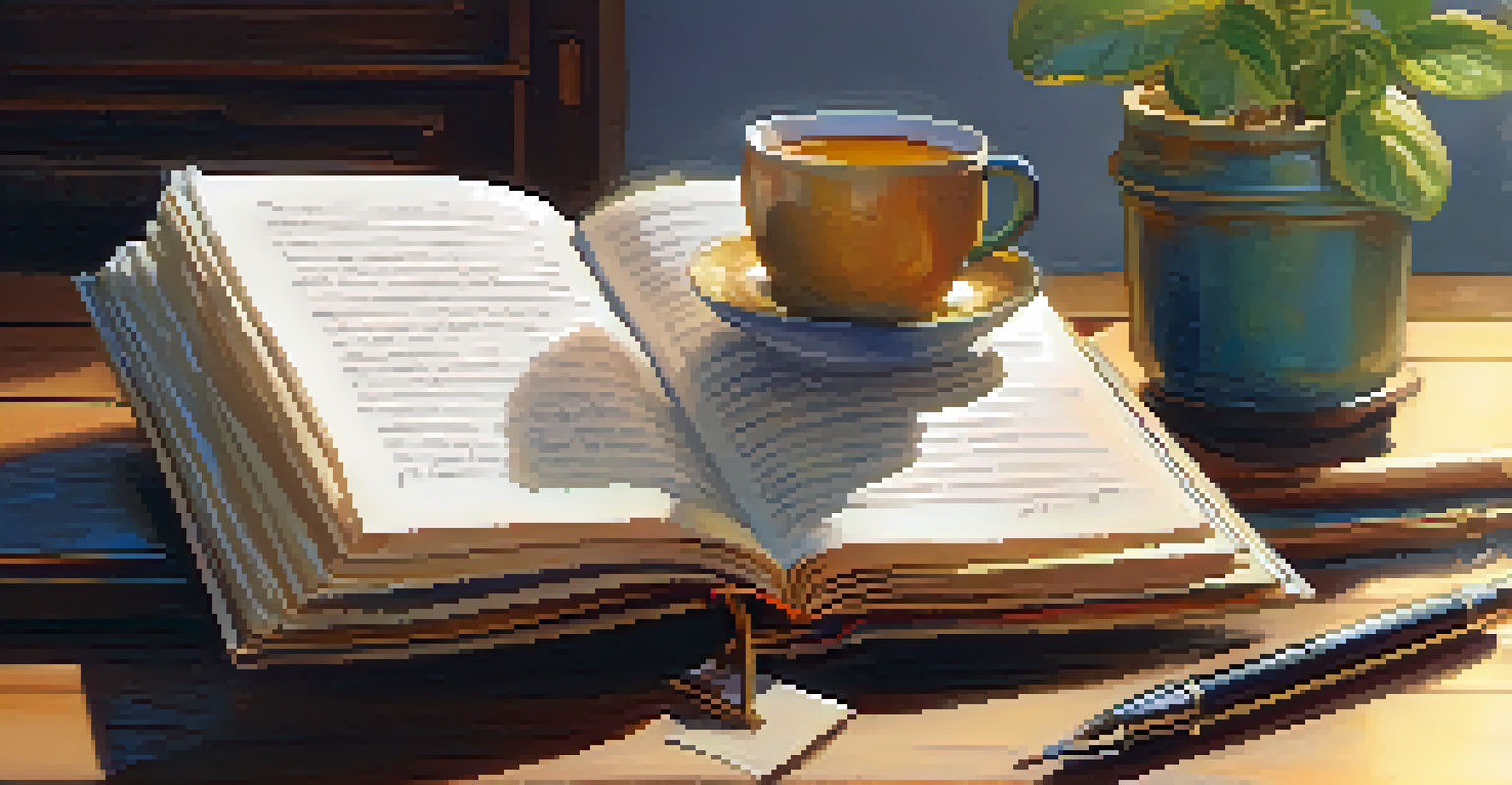 A cozy desk with an open journal filled with sketches and writings, alongside a cup of tea and a potted plant.