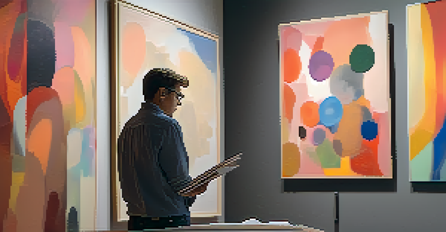 An art collector looking at an abstract painting while writing notes, surrounded by various artworks in a warmly lit room.