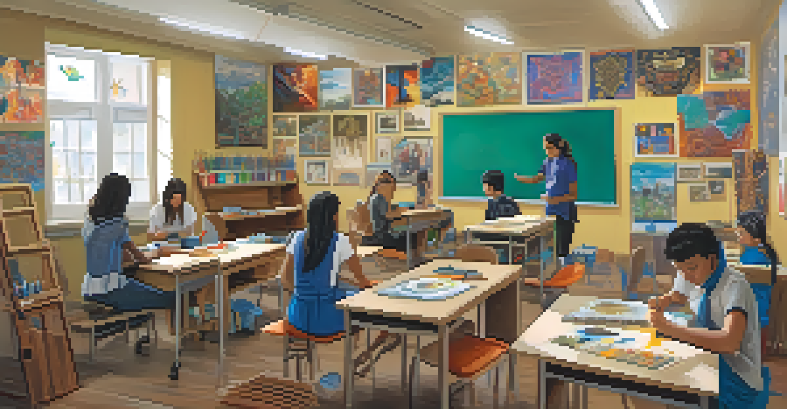 Students in a classroom working on art projects inspired by their cultural heritage, collaborating with each other amidst colorful art supplies.