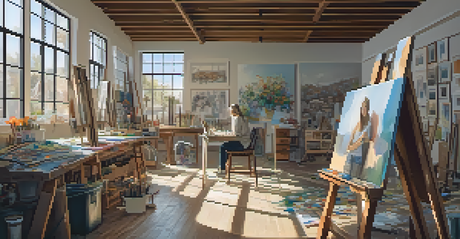 An artist in a bright studio, painting a canvas that illustrates community resilience, surrounded by sketches and art supplies.