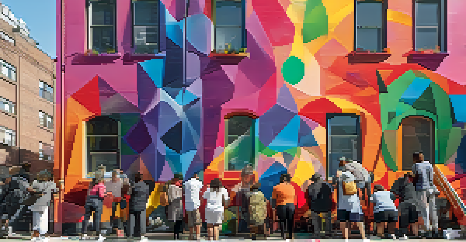 Artists collaborating on a large mural in an urban setting, with a vibrant community atmosphere.