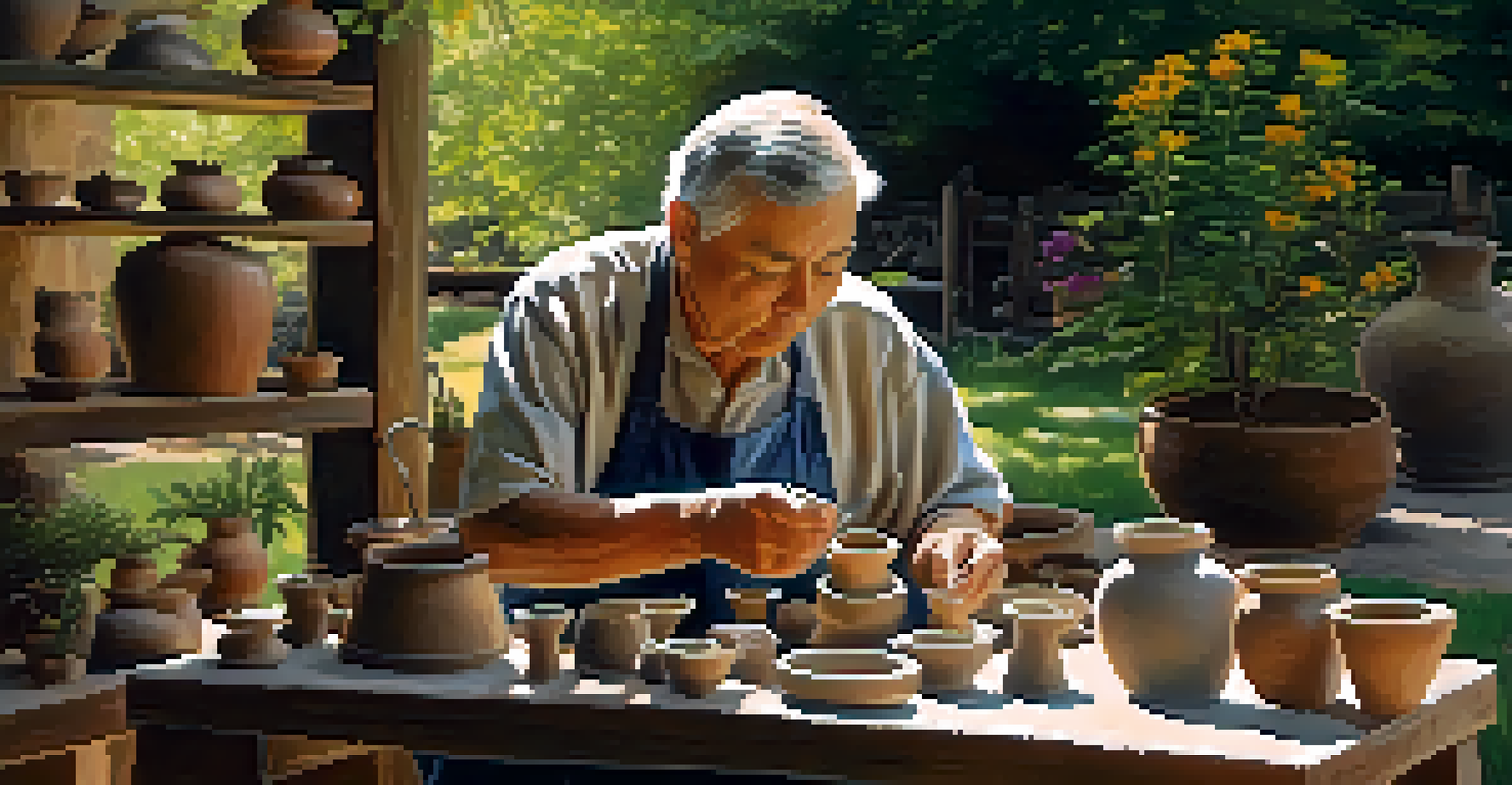 A retired person working on pottery outdoors, with a pottery wheel and clay pieces, surrounded by blooming flowers and gentle sunlight.