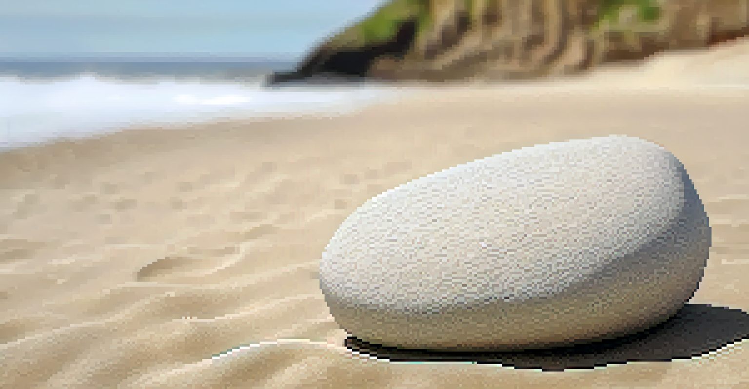 A close-up of a weathered stone on a smooth beach with blurred waves in the background.
