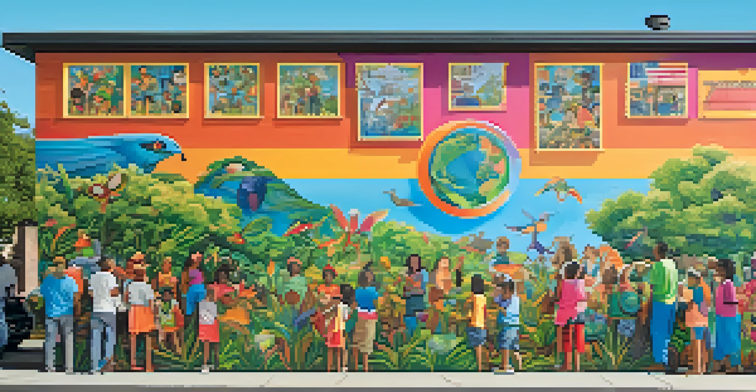 A colorful mural showing a diverse community uniting to tackle environmental challenges, set against a blue sky.