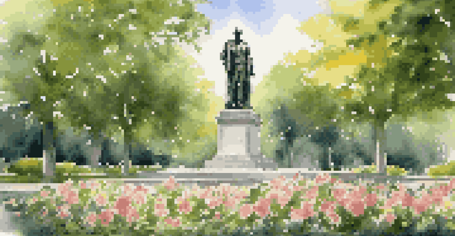 A serene war memorial with a statue of soldiers surrounded by flowers and trees, set in a peaceful park.