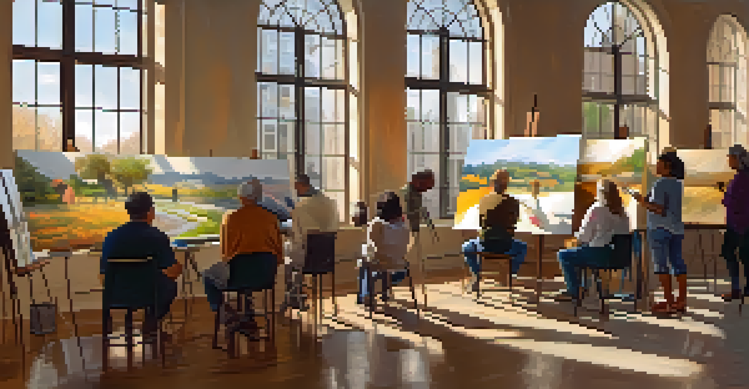 A community workshop with diverse artists sharing techniques in a warm, inviting space filled with art supplies.