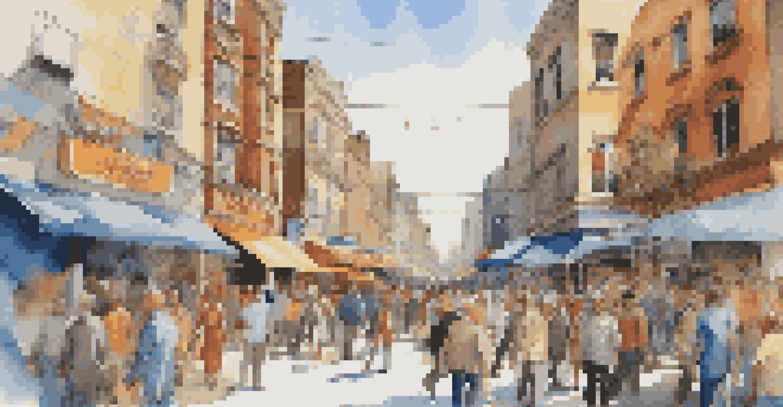 A vibrant urban street scene with diverse pedestrians and colorful storefronts.