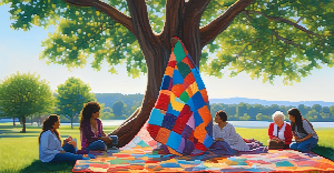 An outdoor art installation with colorful quilts draped over a tree, featuring women of different ages and ethnicities conversing in the background.