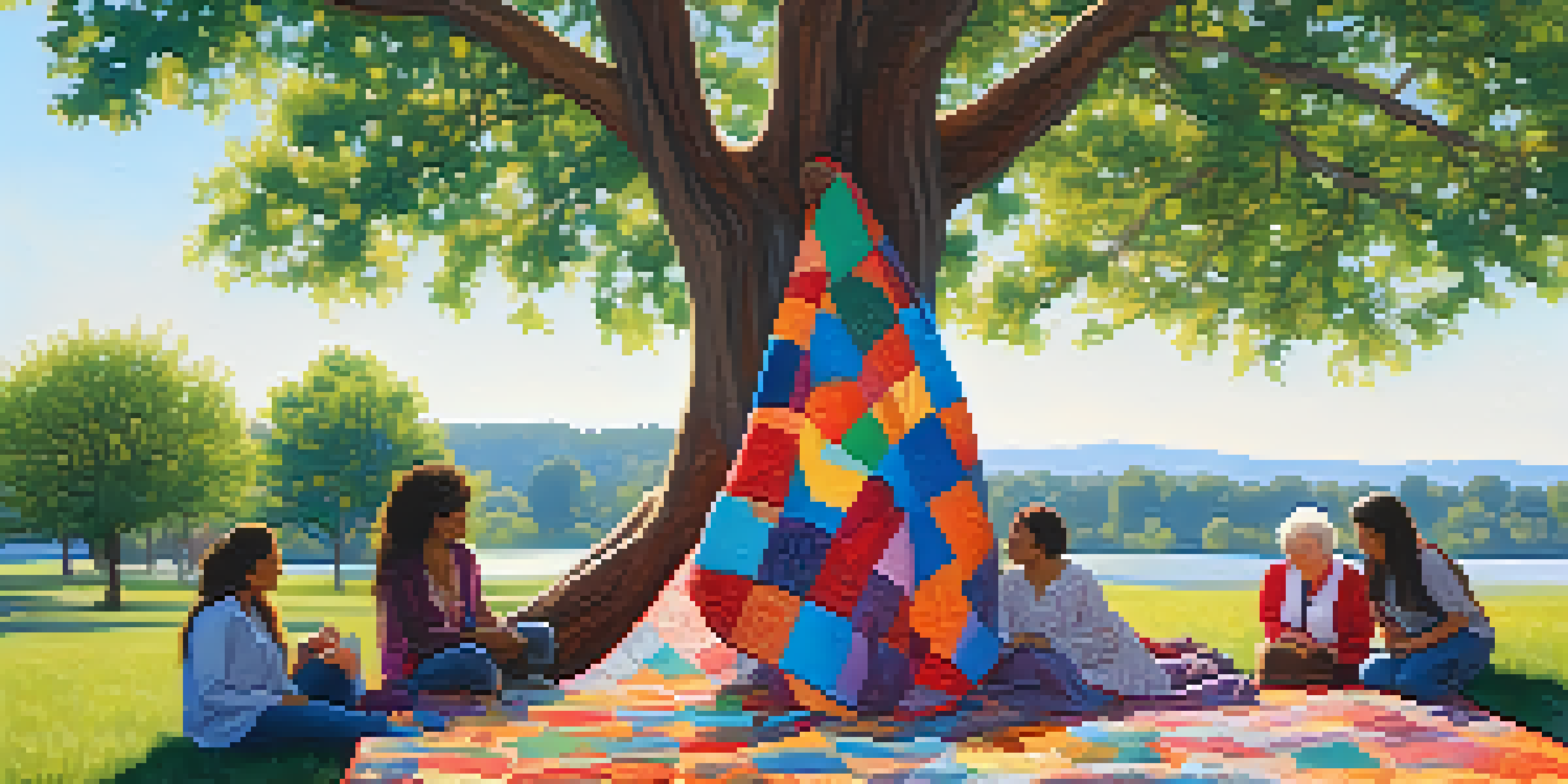 An outdoor art installation with colorful quilts draped over a tree, featuring women of different ages and ethnicities conversing in the background.