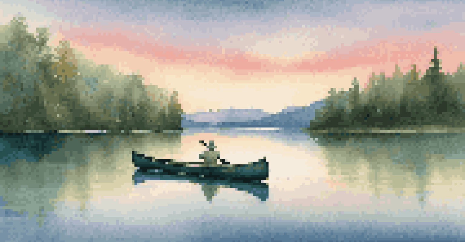 A peaceful landscape with a tranquil lake reflecting a pastel sunset sky, surrounded by lush trees and mountains, with a canoe gently gliding across the water.
