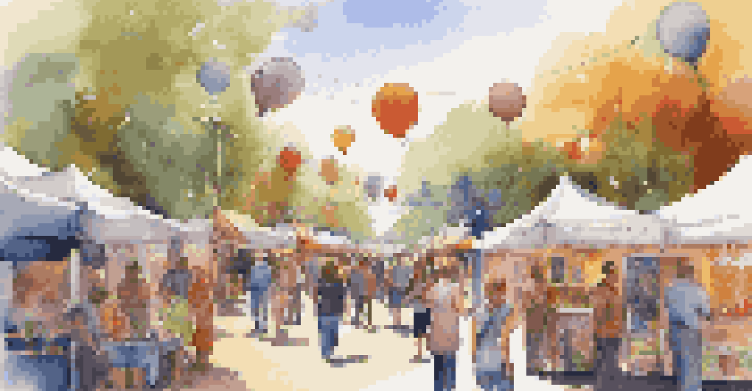 An outdoor art festival filled with colorful artworks, artists, and happy visitors.