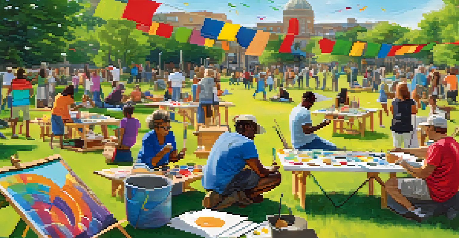A diverse group of people participating in a community art workshop in a park, engaging in painting and sculpting.
