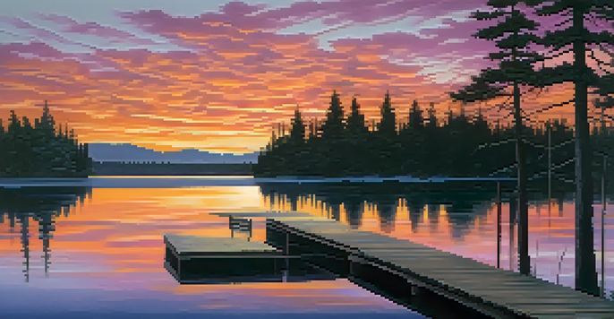A tranquil lake at sunset with vibrant colors reflecting off the water and silhouettes of pine trees.