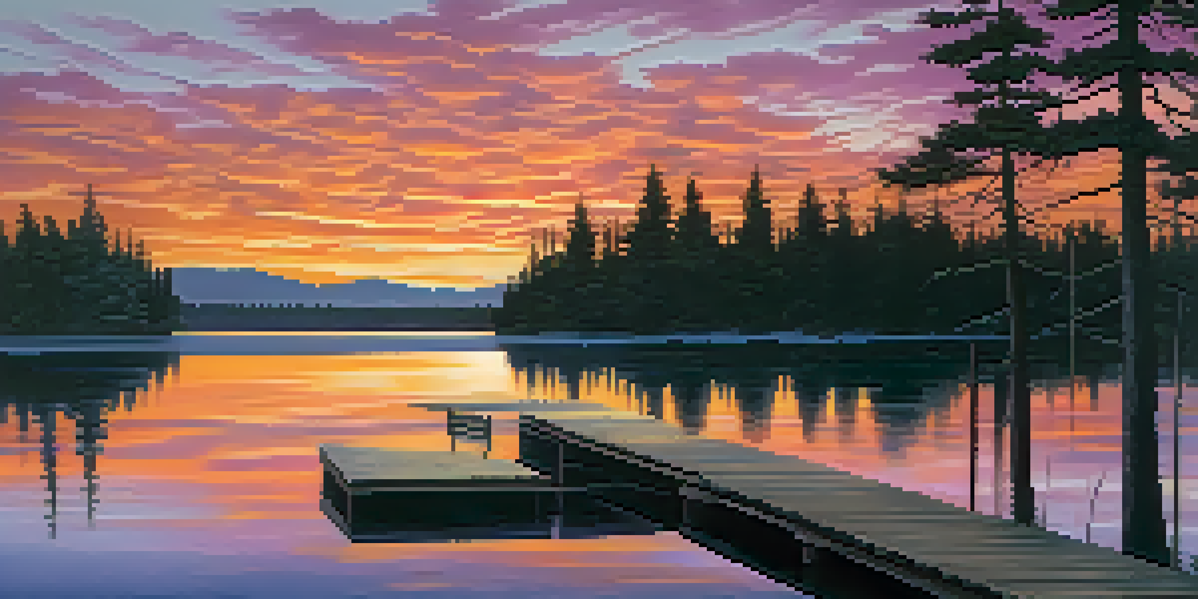 A tranquil lake at sunset with vibrant colors reflecting off the water and silhouettes of pine trees.