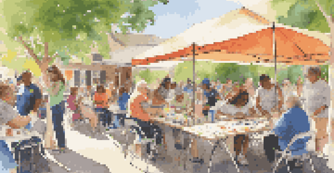 A community event at a museum with diverse people of all ages engaging in art activities outdoors under bright sunlight.