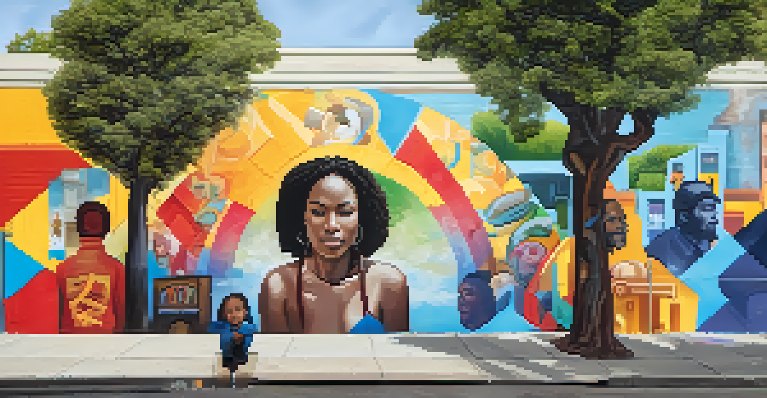 A colorful street mural illustrating mental health themes, featuring diverse faces and symbols of hope in an urban environment.