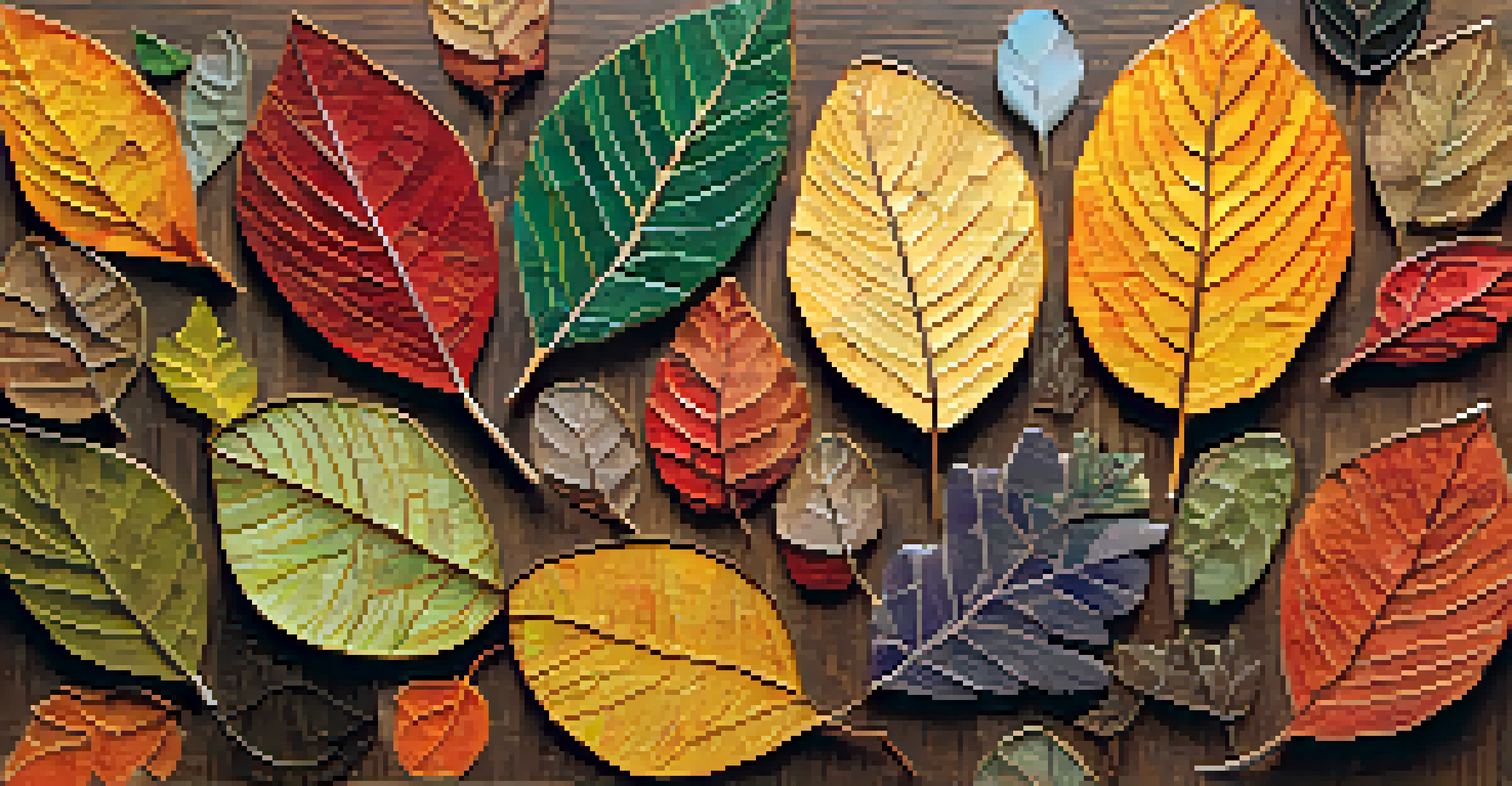 A vibrant mosaic of colorful leaves arranged on a wooden surface, showcasing autumn colors.