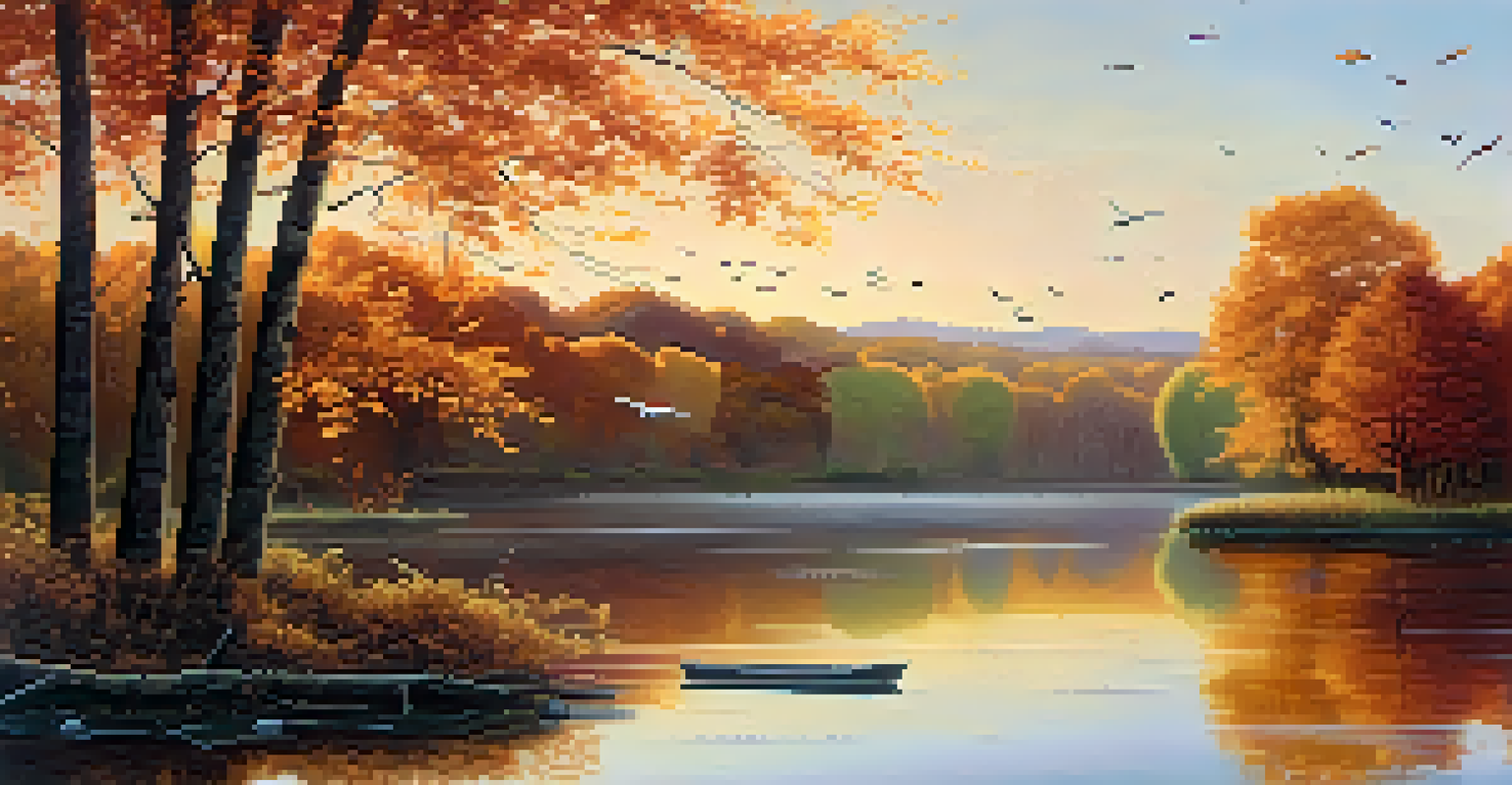 A peaceful landscape painting of a lake in autumn, with musical notes reflected in the sky.