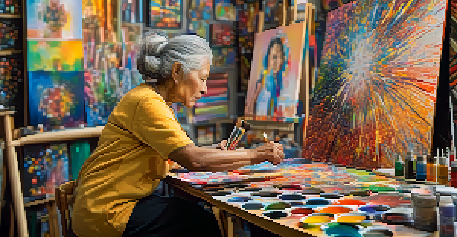 A multicultural artist, an elderly woman, painting a vibrant canvas that represents the diverse experiences of aging in her colorful studio.