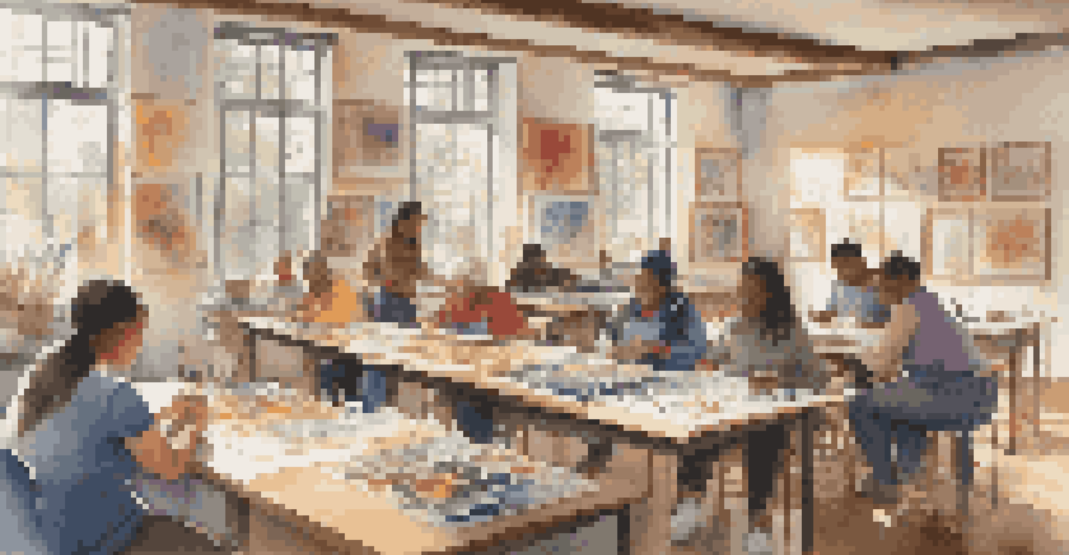 A diverse group of people in a classroom participating in an art workshop with an instructor.