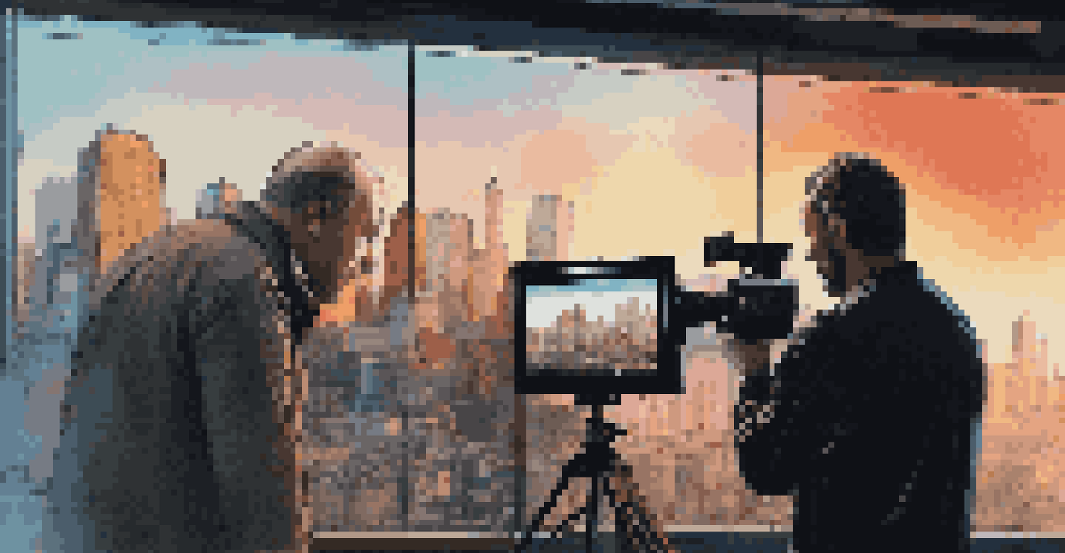 A director and cinematographer reviewing a scene with a digital monitor and LED cityscape in the background.