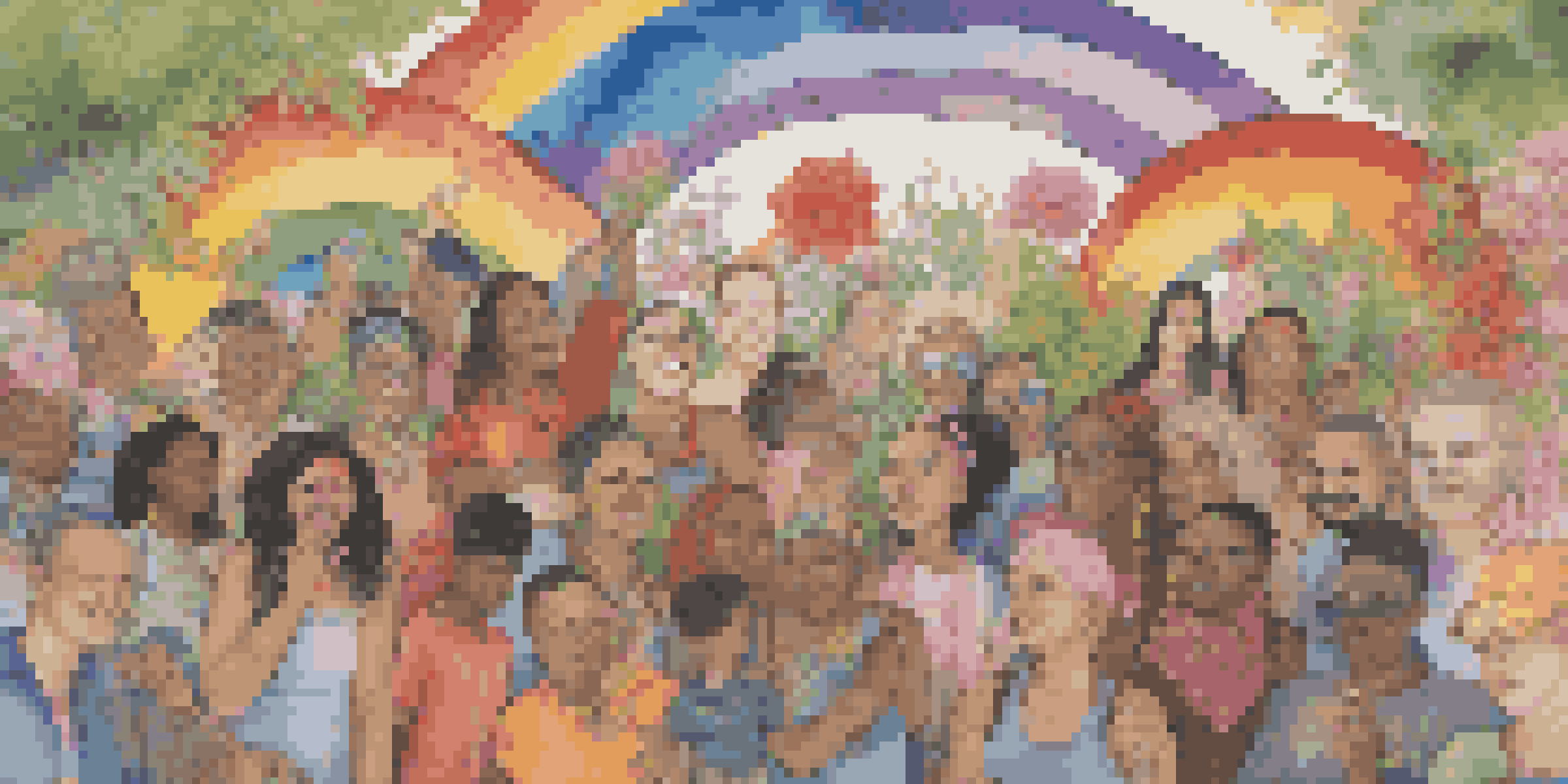 A colorful mural showcasing diverse individuals celebrating various gender identities, surrounded by flowers and greenery.