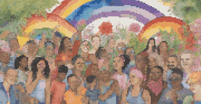 A colorful mural showcasing diverse individuals celebrating various gender identities, surrounded by flowers and greenery.