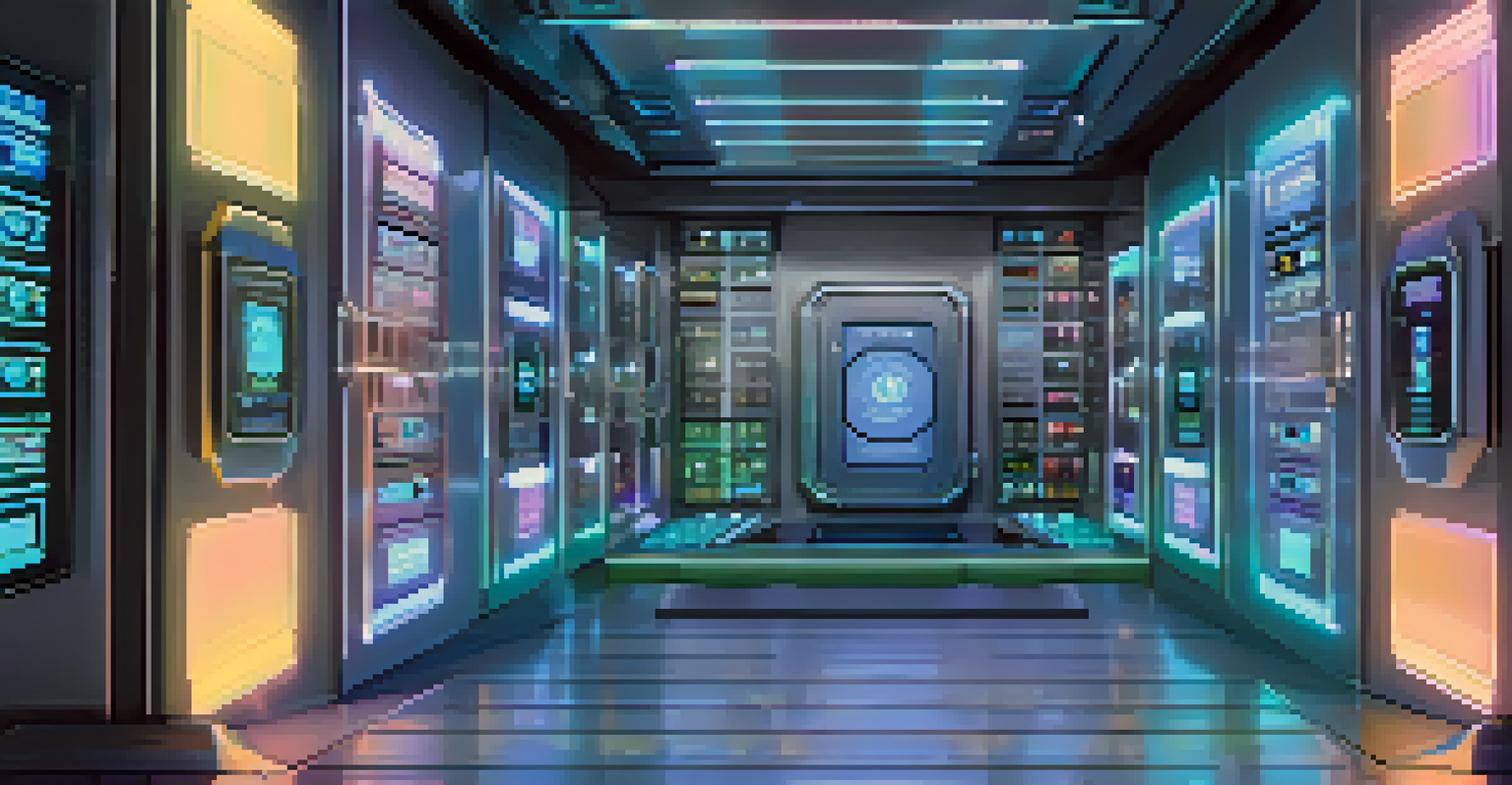 A futuristic virtual vault containing glowing digital artwork, emphasizing security with digital certificates and lock icons.