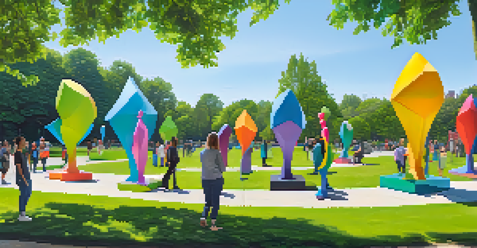 An outdoor art installation with large, colorful sculptures representing various gender identities, set in a green park with people interacting with the art.