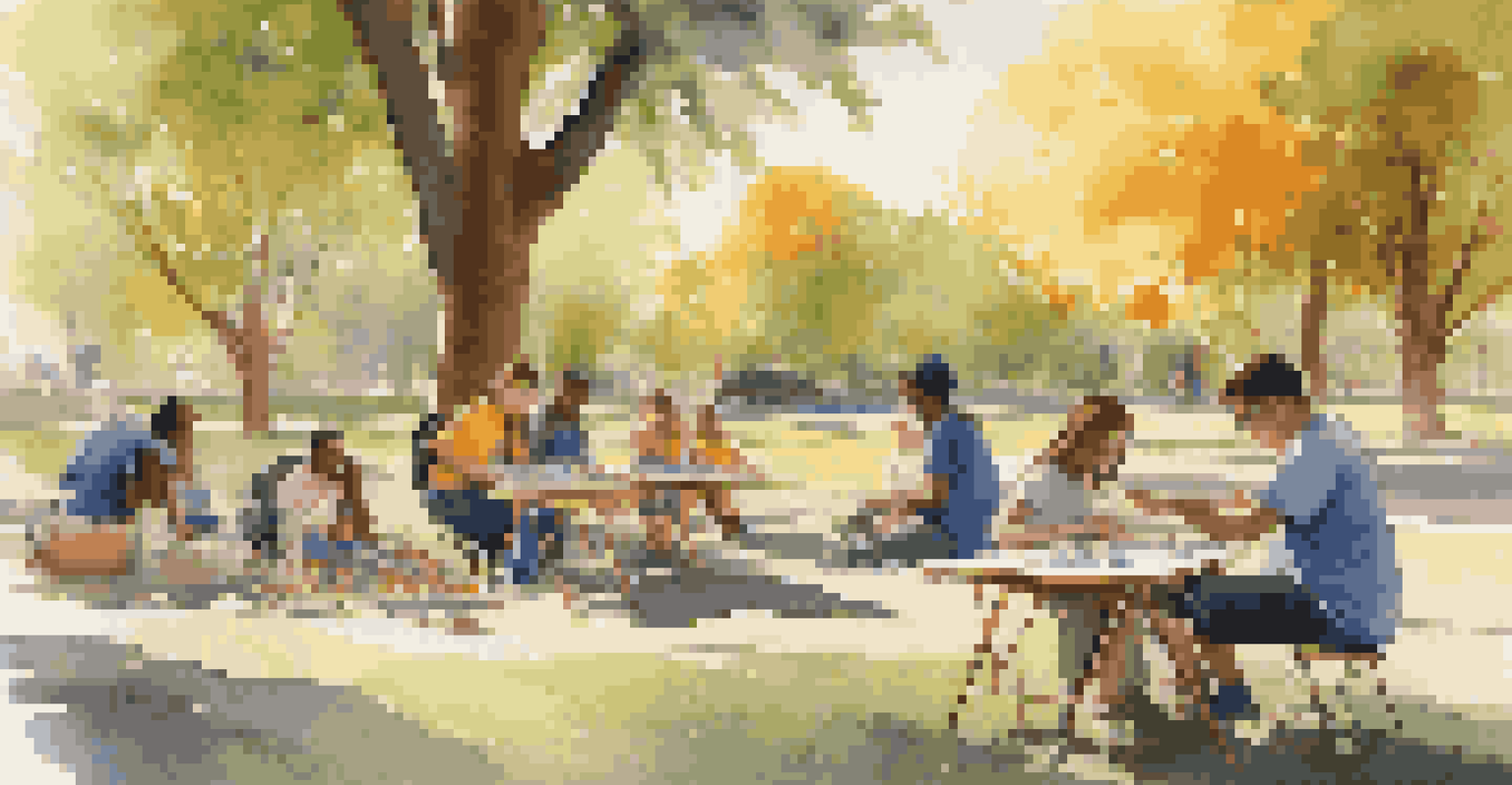 An artist interacting with young people in a park, surrounded by art supplies and colorful canvases, under warm afternoon sunlight.