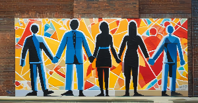 A colorful mural showing diverse individuals united in solidarity, with symbols of peace and justice in the background.