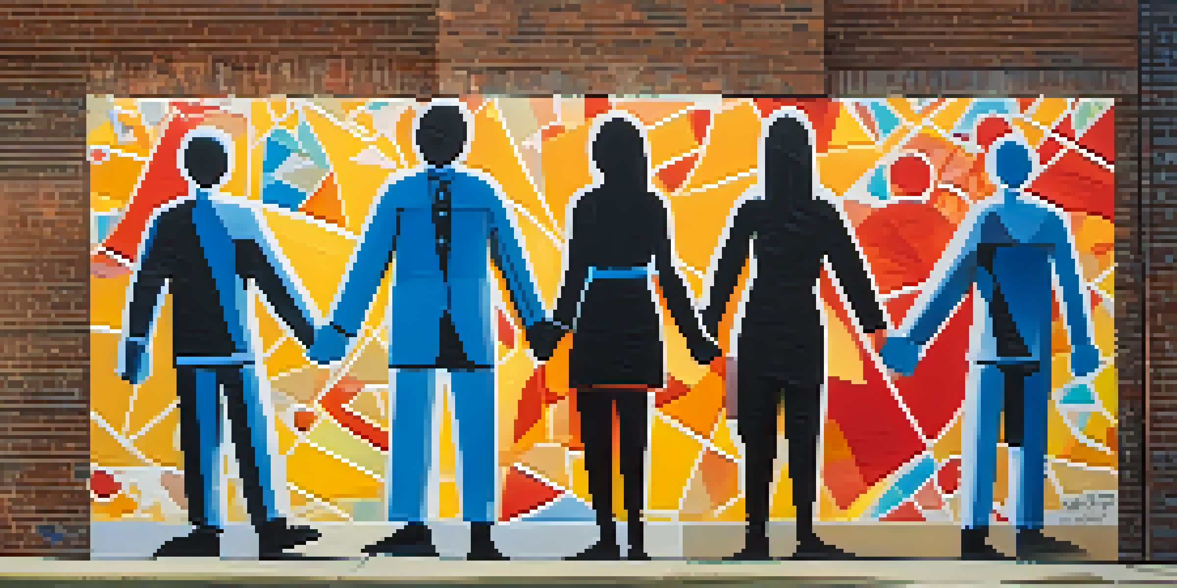A colorful mural showing diverse individuals united in solidarity, with symbols of peace and justice in the background.