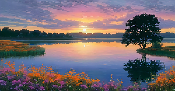 A beautiful sunset over a calm lake with a silhouette of a tree and blooming wildflowers in the foreground.