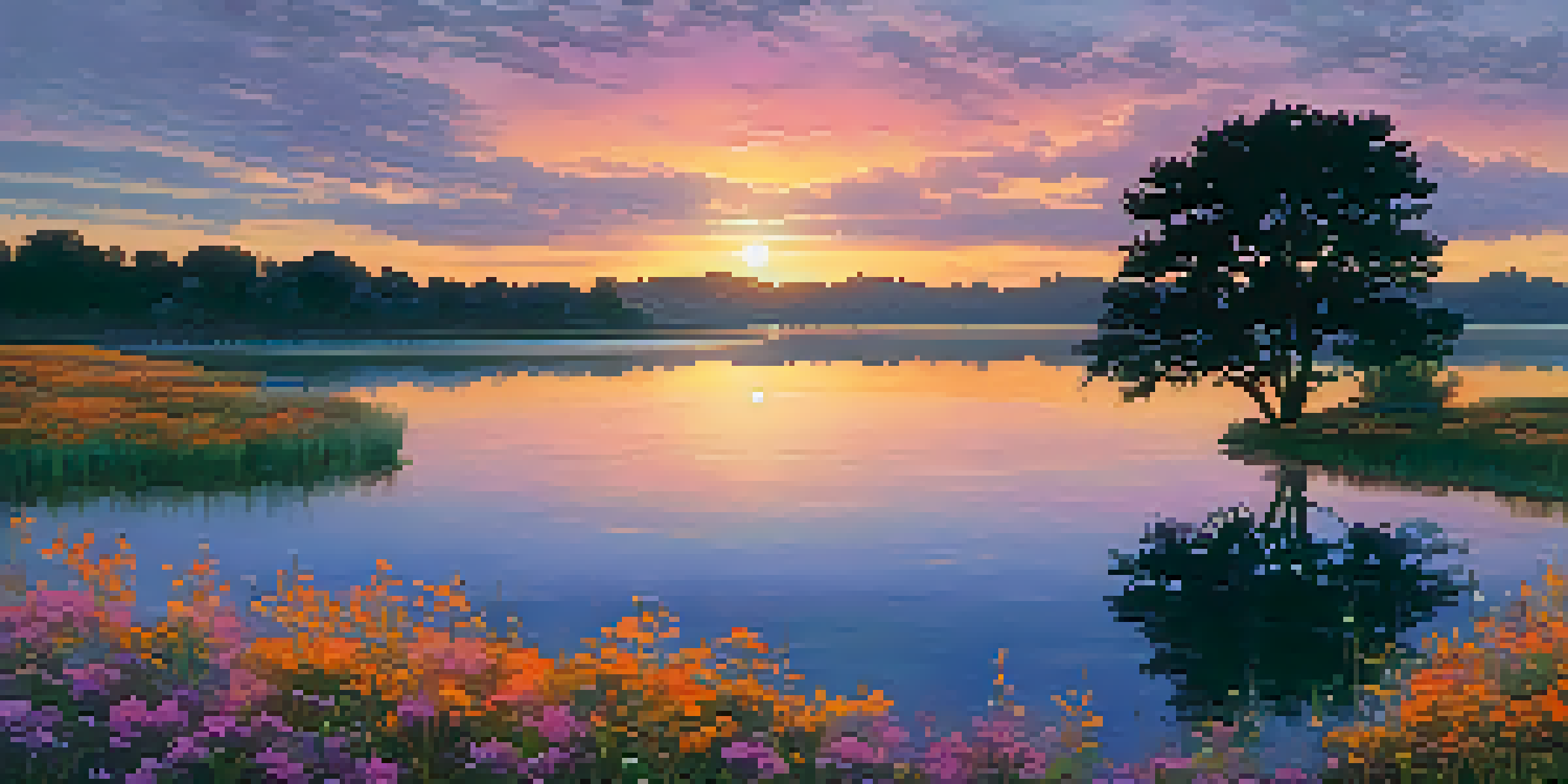 A beautiful sunset over a calm lake with a silhouette of a tree and blooming wildflowers in the foreground.