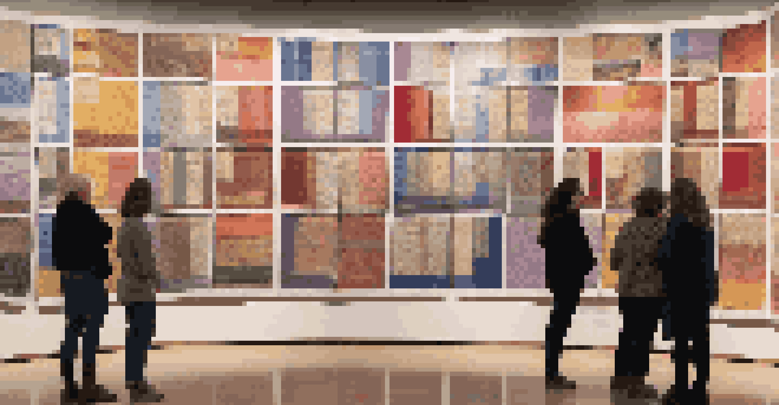 A close-up view of the AIDS Memorial Quilt in a public space, showcasing colorful panels with stories, illuminated by warm lighting as visitors reflect on its significance.