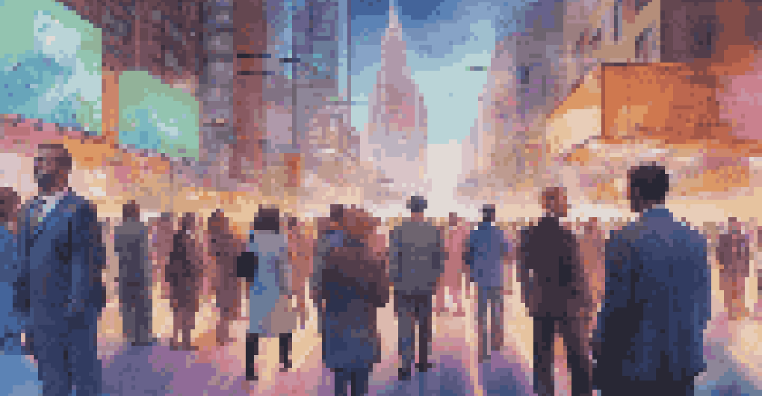A futuristic political campaign scene with holographic displays of candidates and issues in an urban environment, featuring a diverse crowd engaged with the technology.