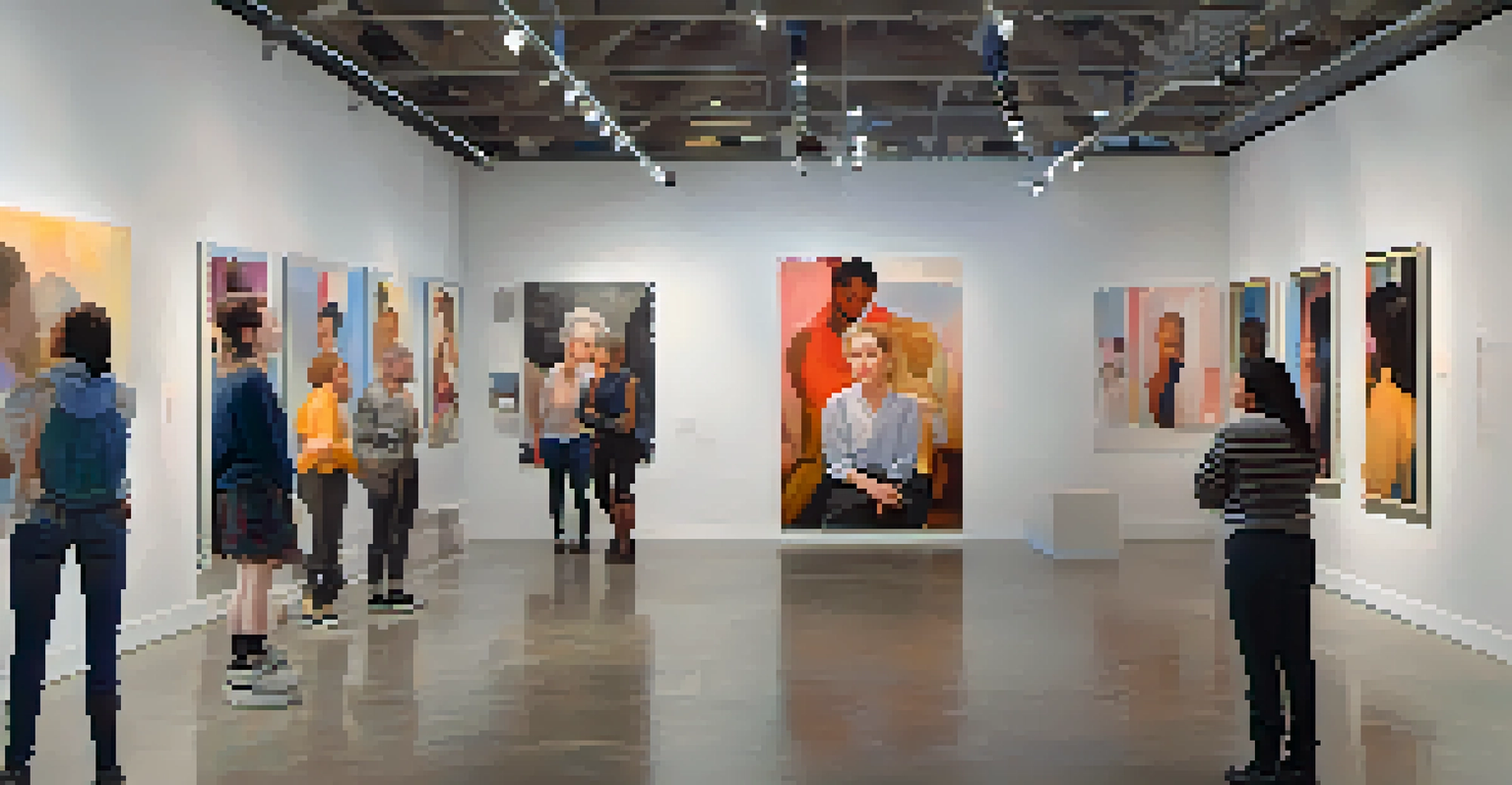 An art gallery showcasing portraits that express gender identity, with visitors engaging in discussions under warm lighting.