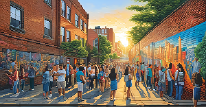 A colorful urban mural on a brick wall representing social unity and diversity, with people admiring it in a city street during golden hour.