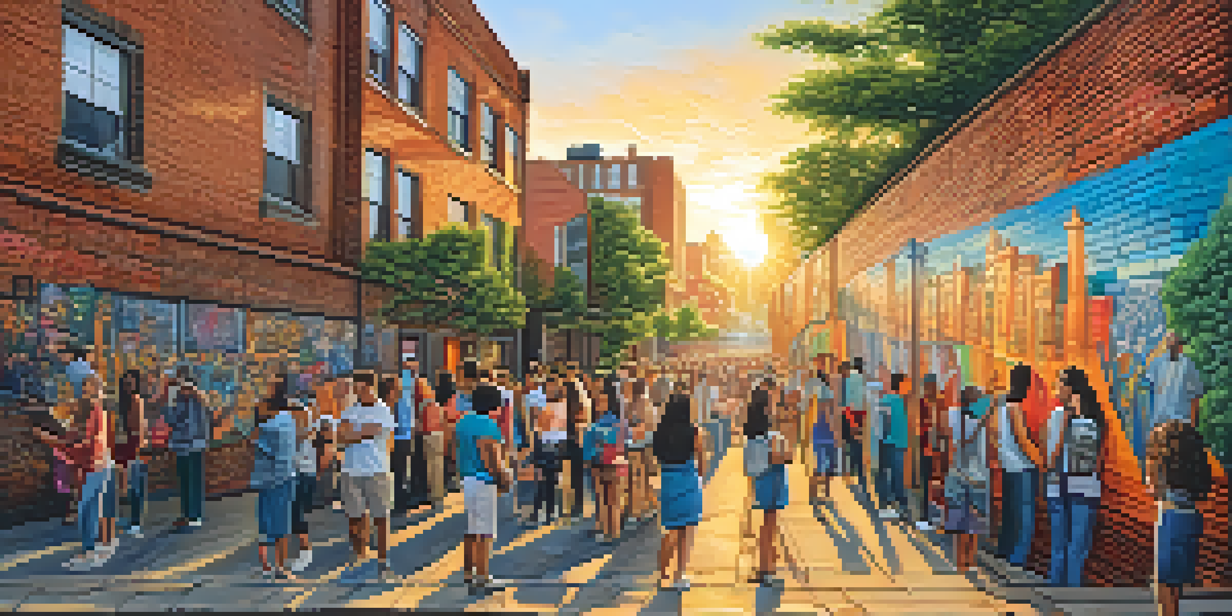 A colorful urban mural on a brick wall representing social unity and diversity, with people admiring it in a city street during golden hour.