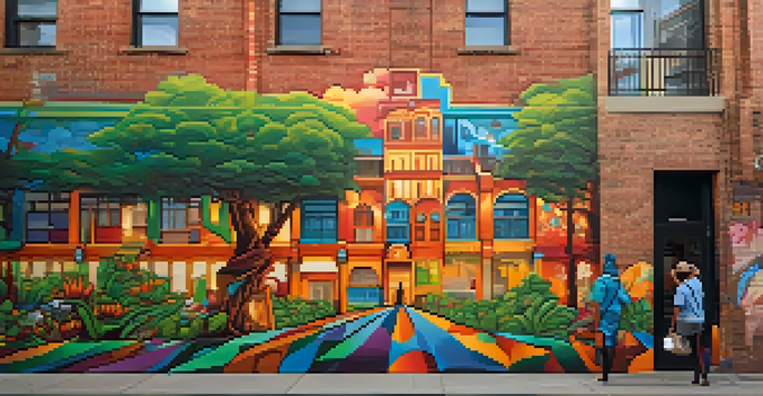 A colorful street art mural on a brick wall, showcasing cultural themes and patterns, surrounded by city life and greenery.